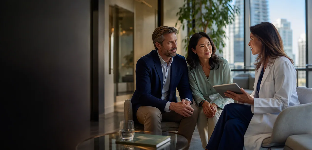 A clinician explaining a healthcare plan to a couple in a modern private consultation room