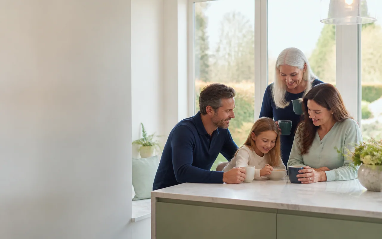 A multi-generational family sharing a calm morning together at home