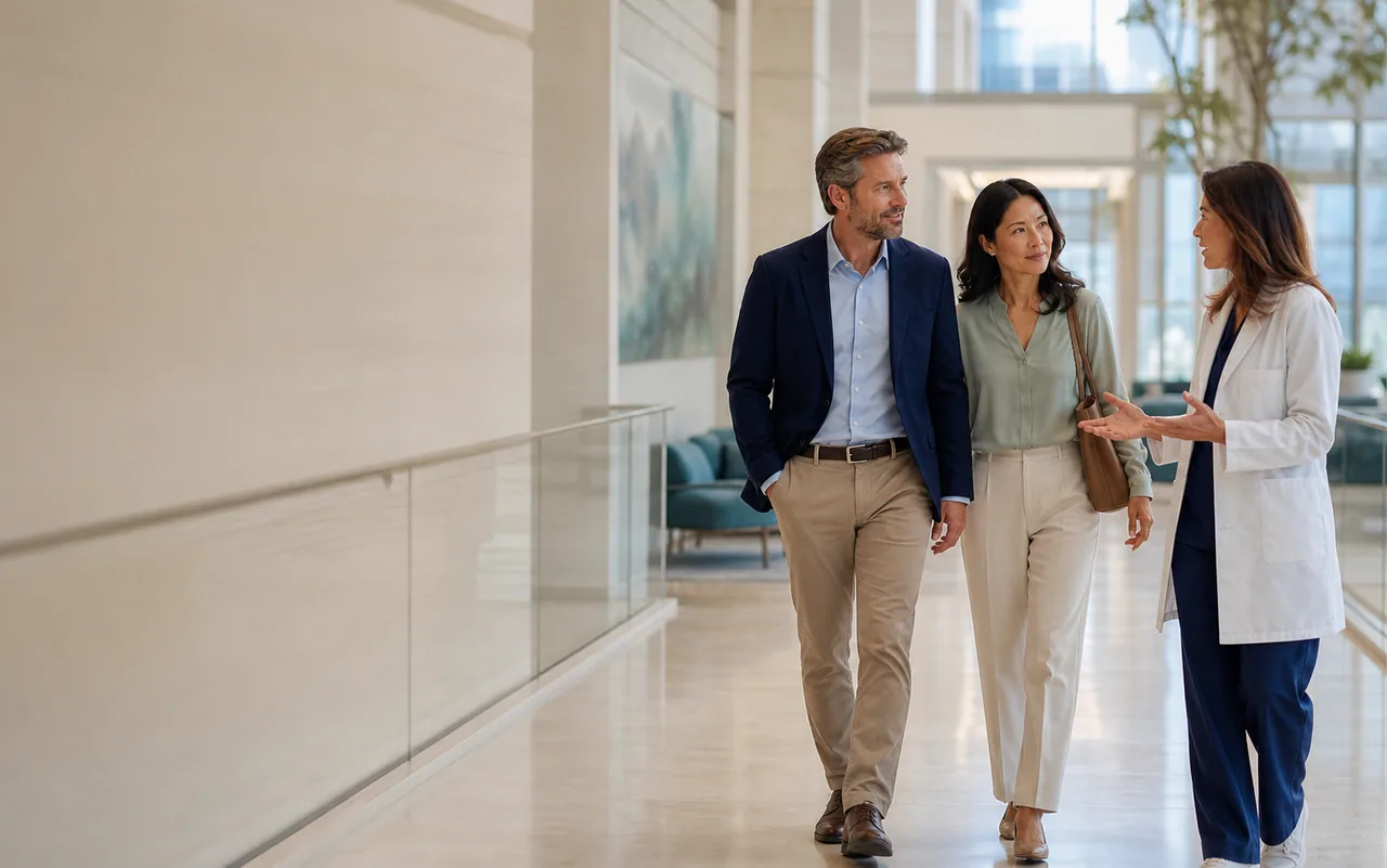 A couple speaking with a clinician in a private hospital