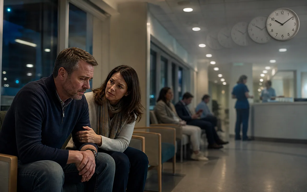 A couple waiting anxiously in an urgent-care reception while a clock suggests time passing